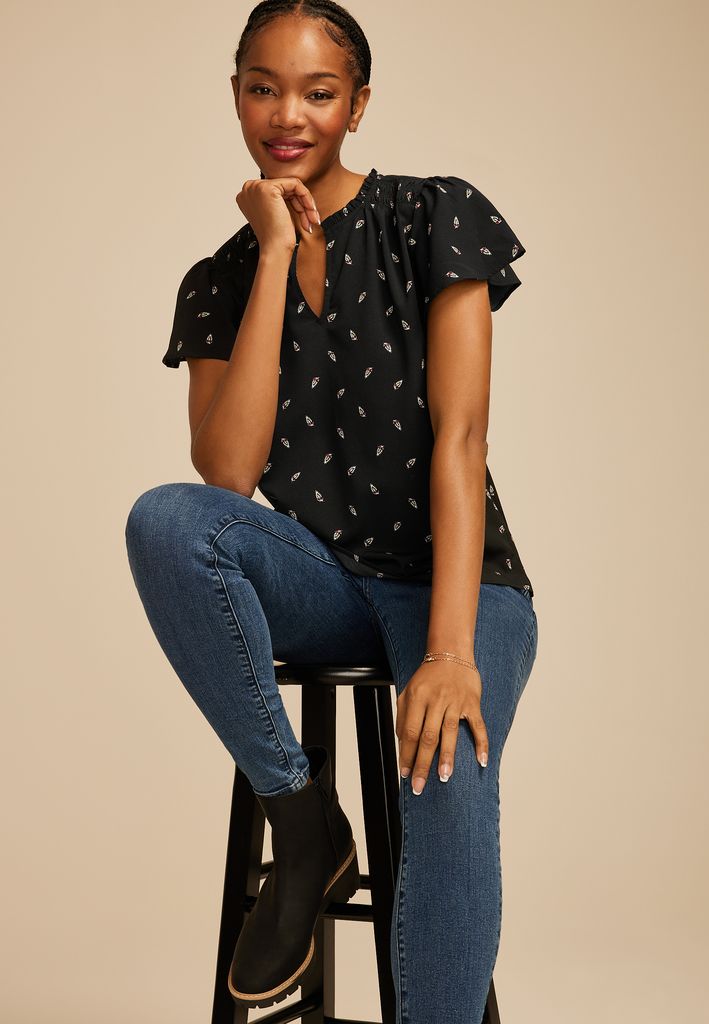 Atwood Printed Smocked Shoulder Flutter Sleeve Blouse - Image 3
