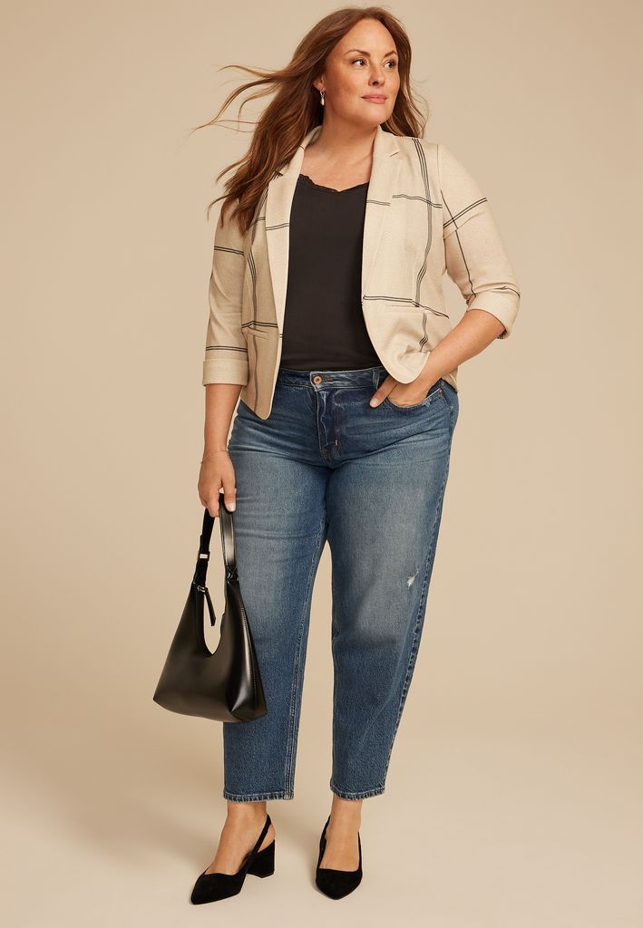 Plus Size Windowpane Plaid Versa Open Front Cropped Blazer - Image 3