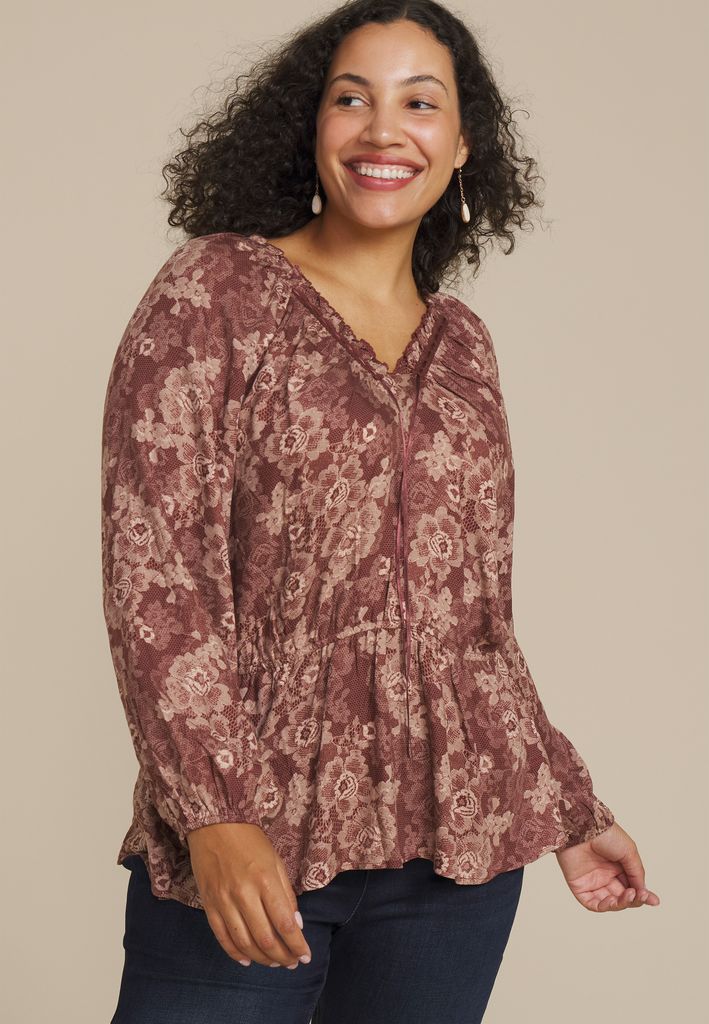 Plus Size Floral Lace Print Peplum Top