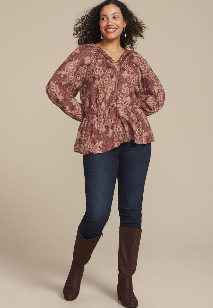Plus Size Floral Lace Print Peplum Top - Image 3