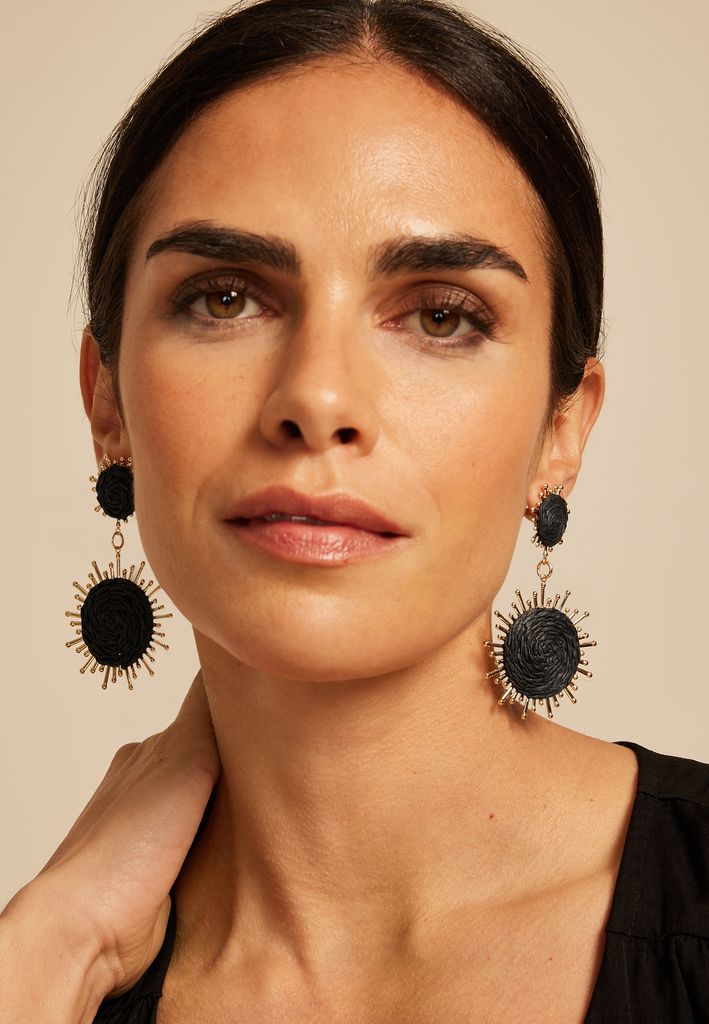 Gold And Black Raffia Sunburst Drop Earrings - Image 2