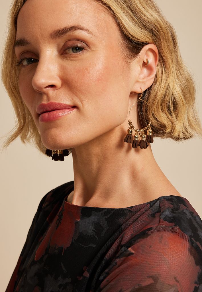Dark Brown Faux Suede Floral Petal Hoops Earrings - Image 2
