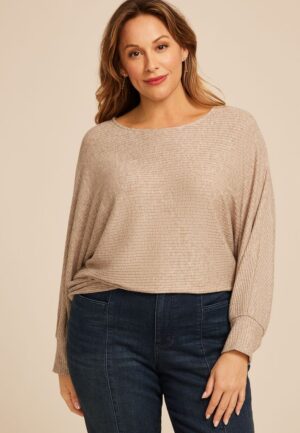 Plus Size 24/7 Dakota Metallic Horizontal Ribbed Dolman