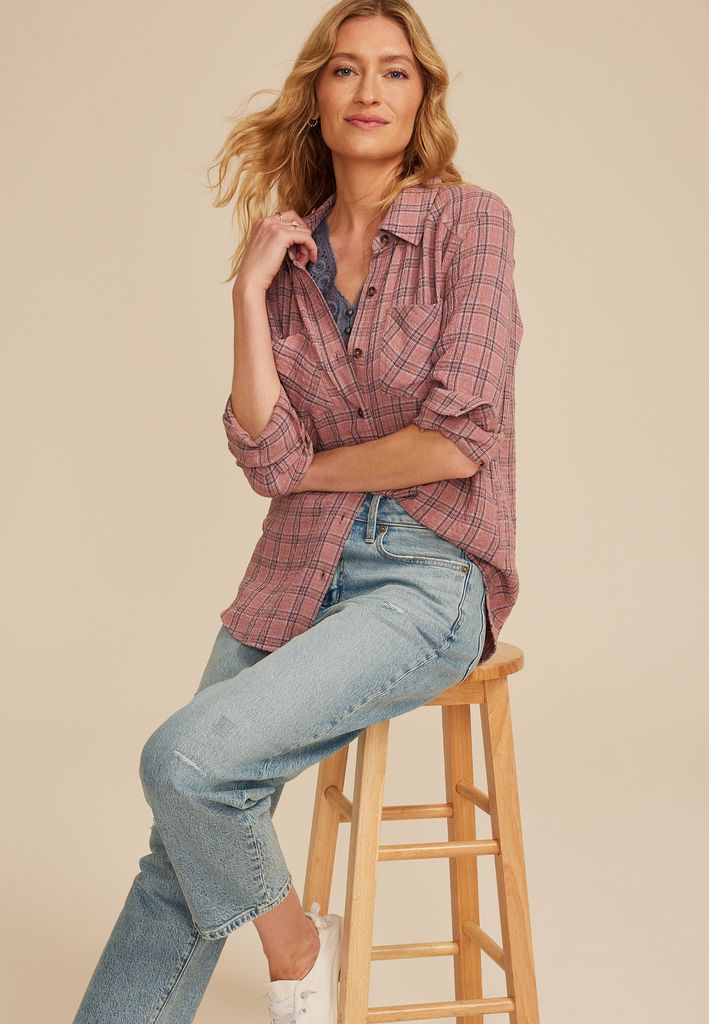 Pucker Plaid Button Down Shirt - Image 3