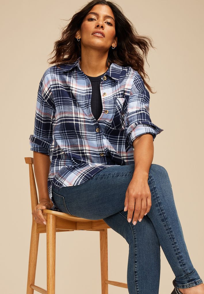 Cabin Plaid Boyfriend Tunic Button Down Shirt - Image 3