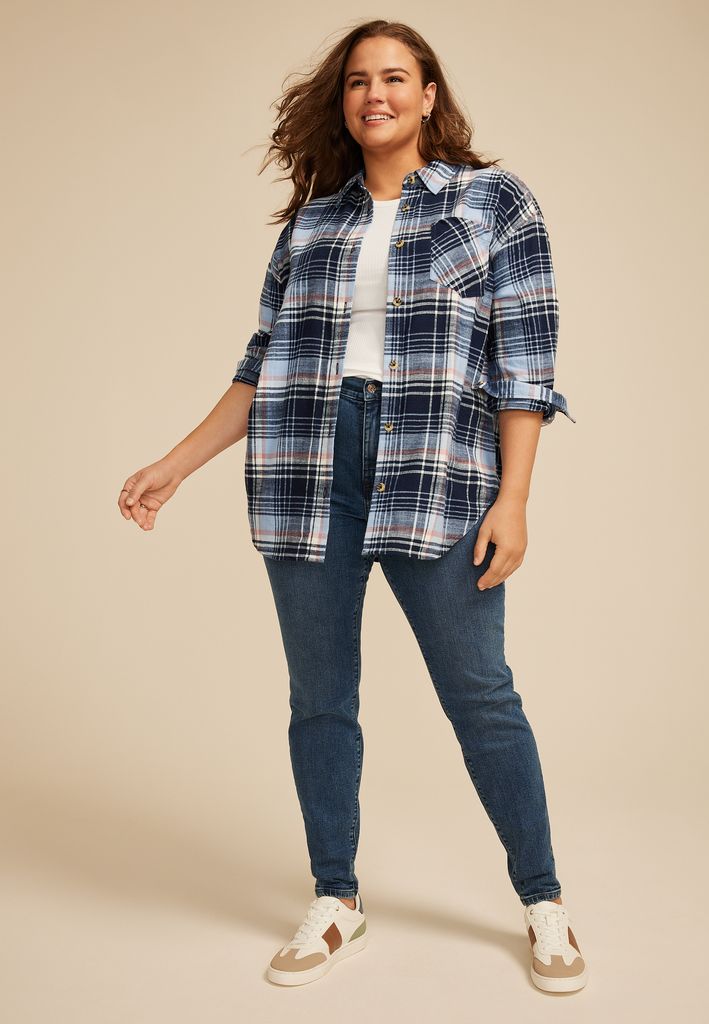 Plus Size Cabin Plaid Boyfriend Tunic Button Down Shirt - Image 3