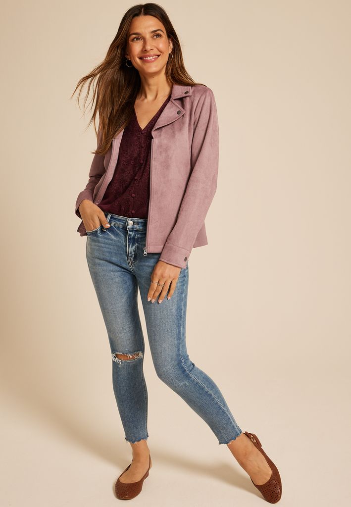 Mauve Faux Suede Moto Jacket - Image 3