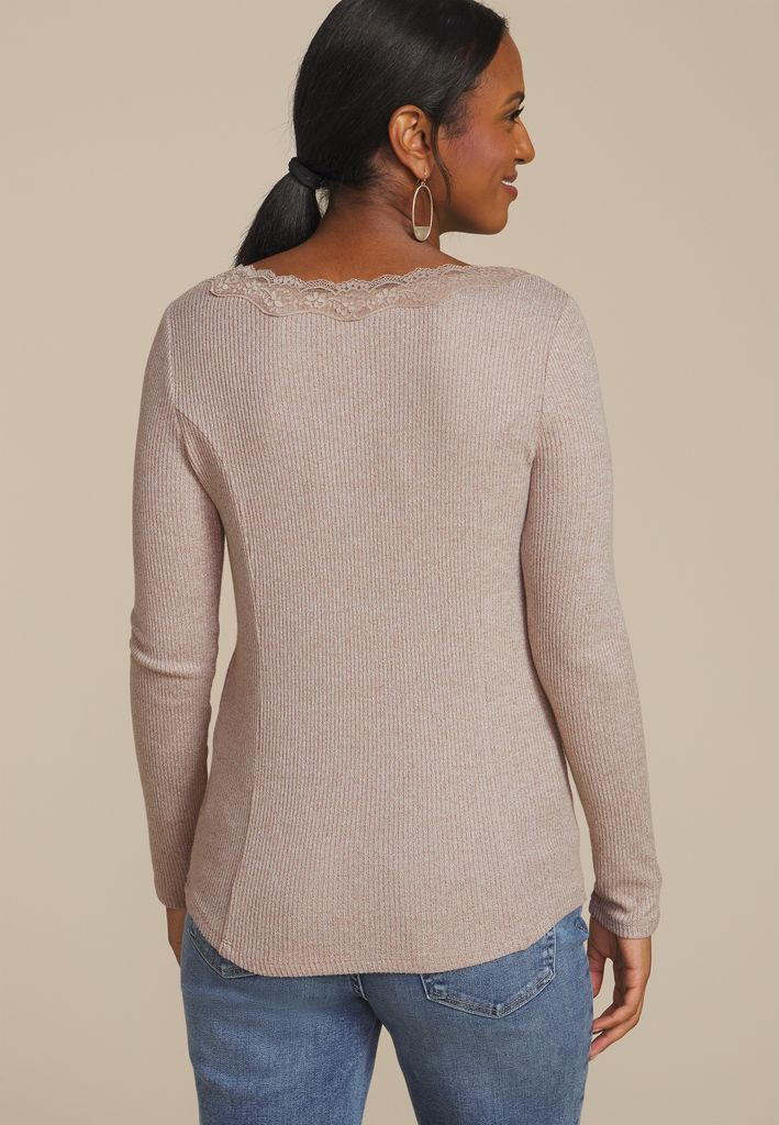 Cozy Lace Trim V Neck Top - Image 2