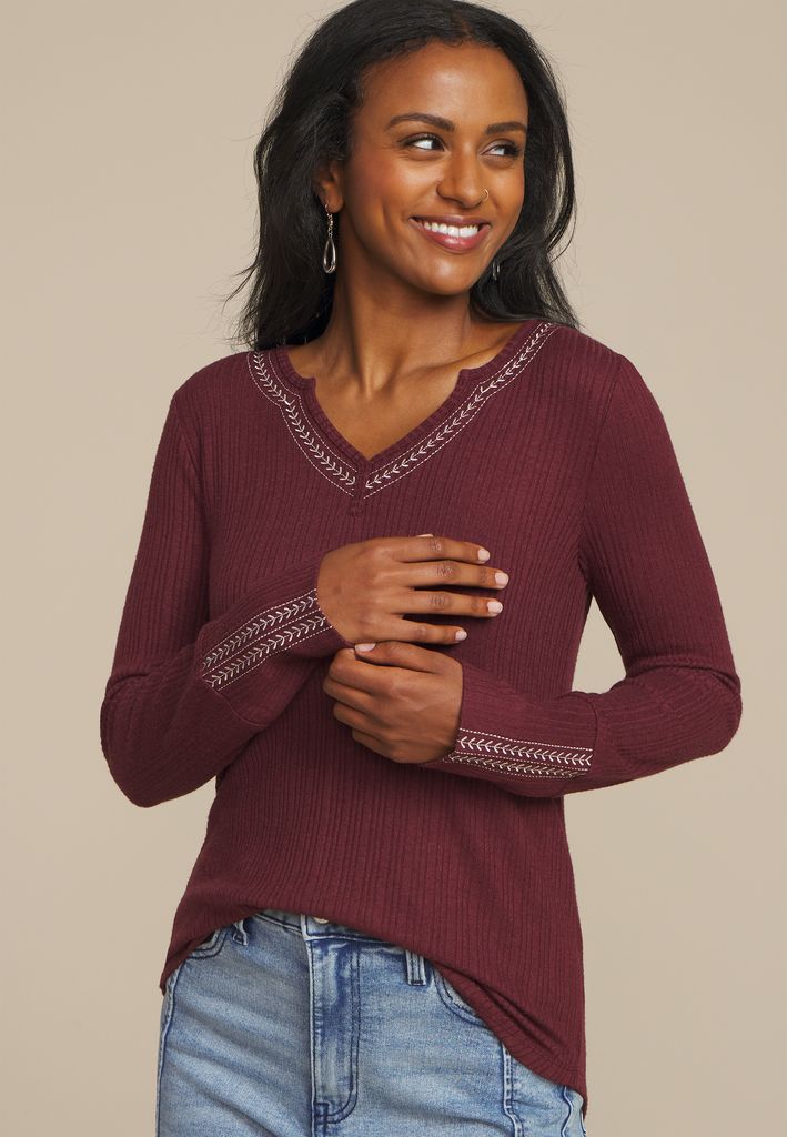 Embroidered Notch Neck Ribbed Long Sleeve Tee