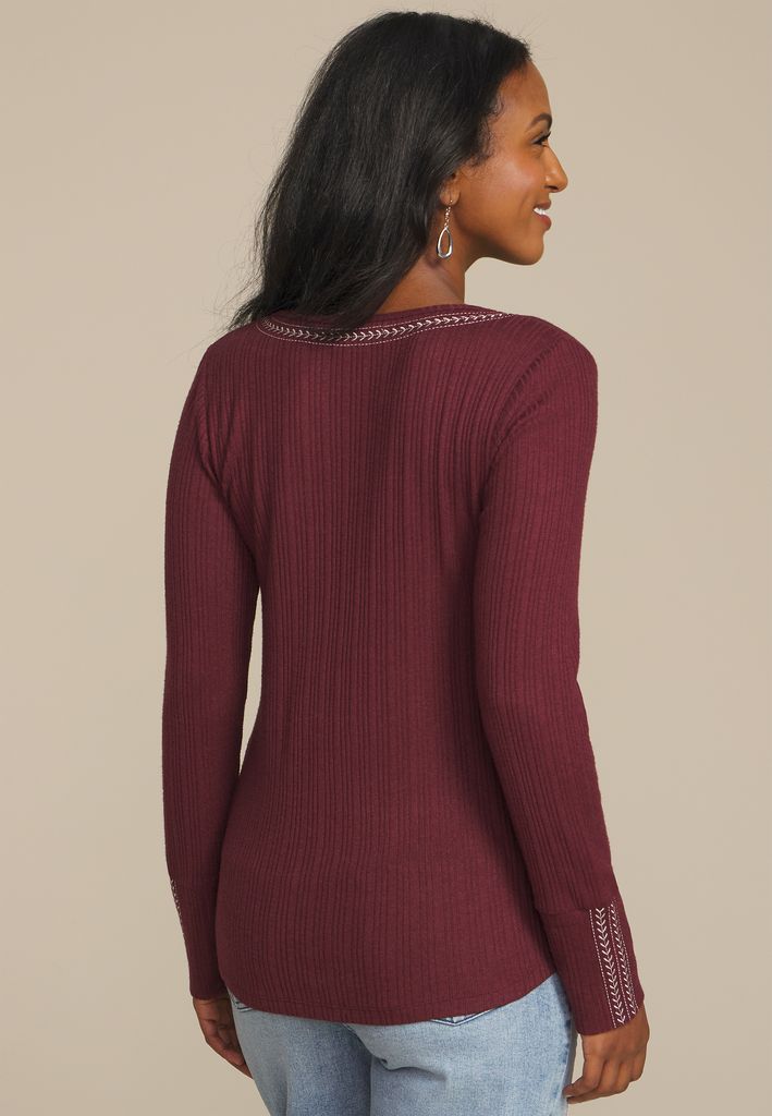 Embroidered Notch Neck Ribbed Long Sleeve Tee - Image 2