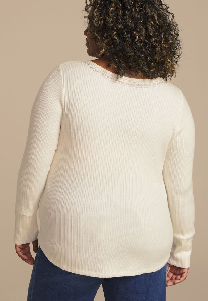 Plus Size Embroidered Notch Neck Ribbed Long Sleeve Tee - Image 2