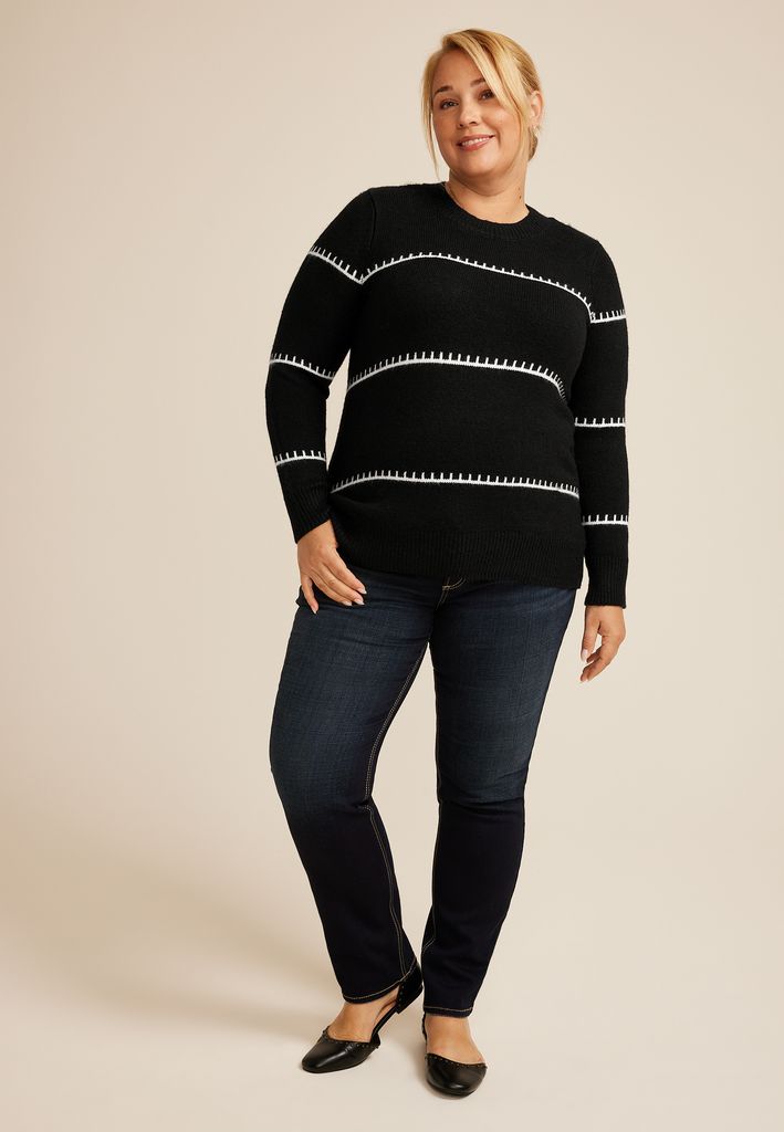 Plus Size Faux Whipstitch Colorblock Knit Crewneck Sweater - Image 3
