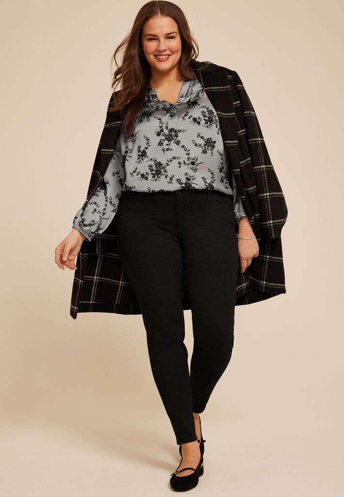 Plus Size Gray Satin Floral Print Blouse - Image 3