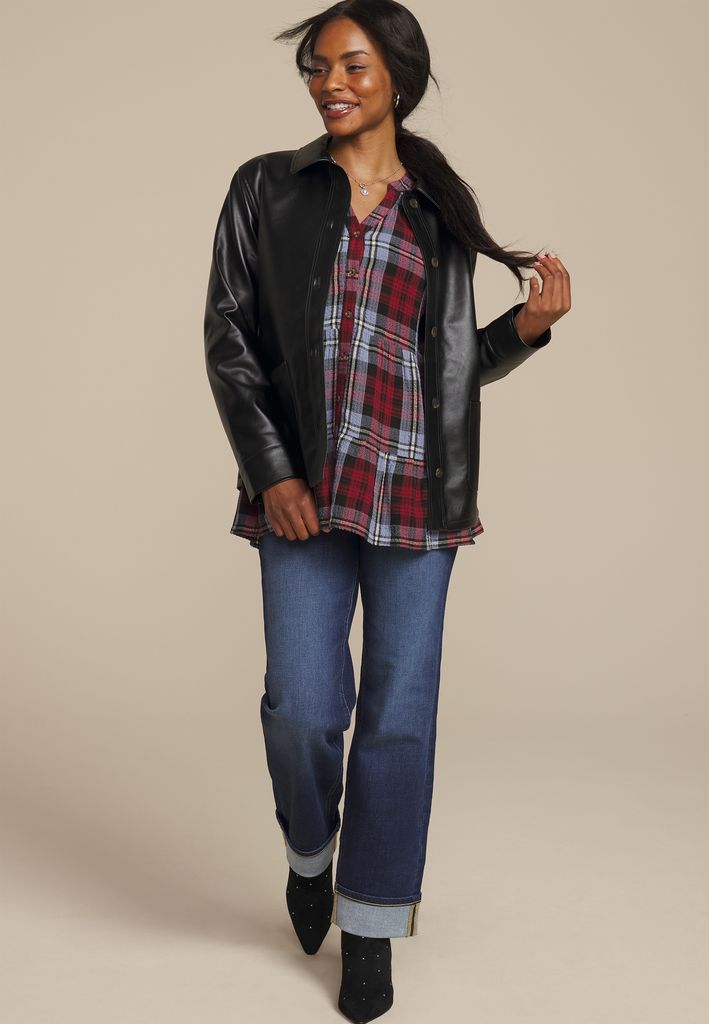 Plaid Tiered Button Front Blouse - Image 3