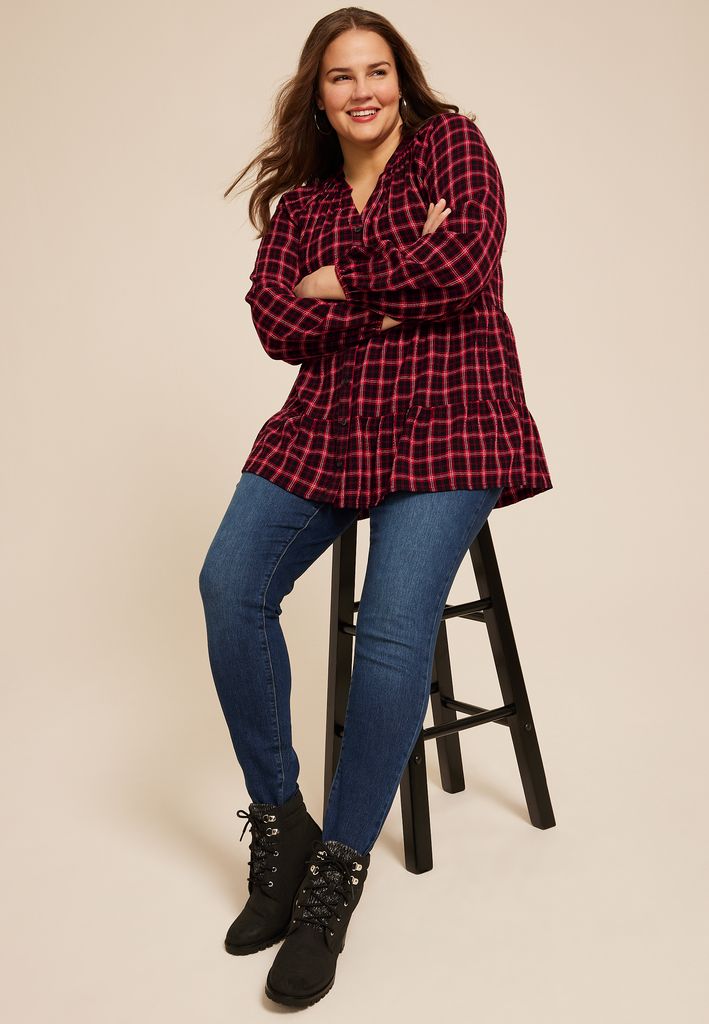 Plus Size Plaid Tiered Button Front Blouse - Image 3