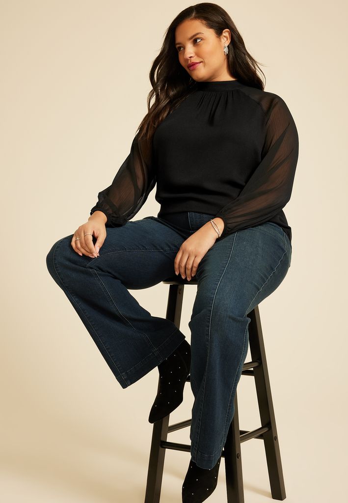 Plus Size Mock Neck Long Sheer Sleeve Blouse - Image 3