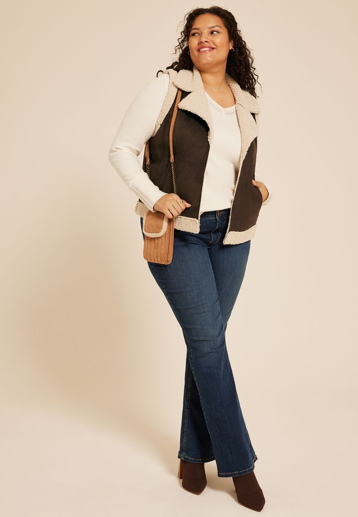 Plus Size Faux Suede Bonded Shearling Vest - Image 3