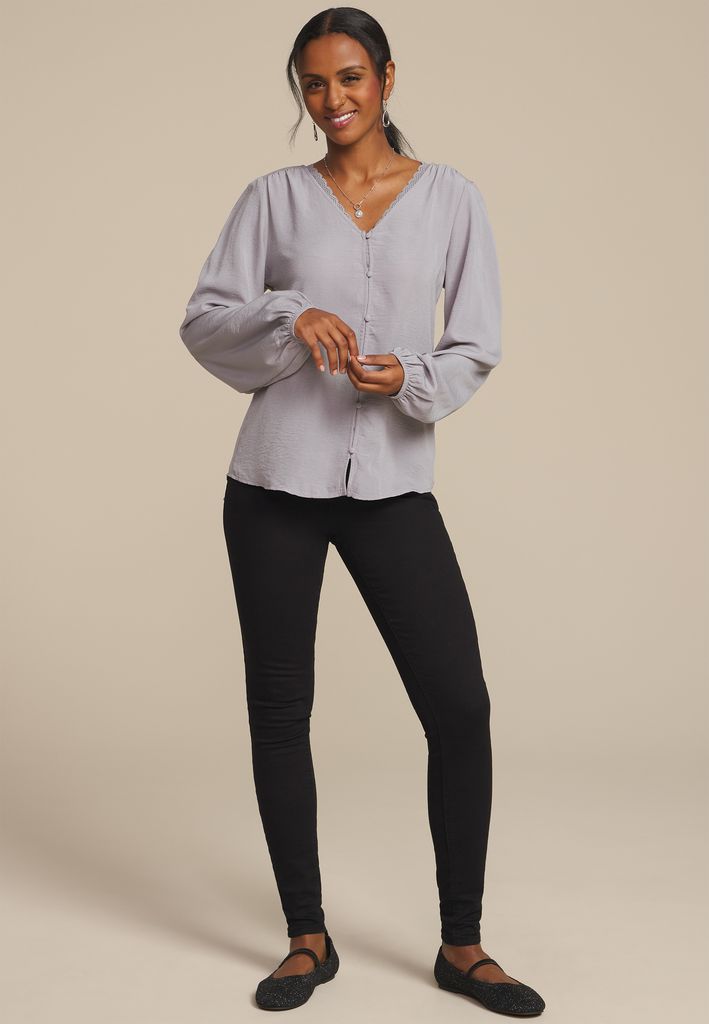 V Neck Lace Button Front Blouse - Image 3