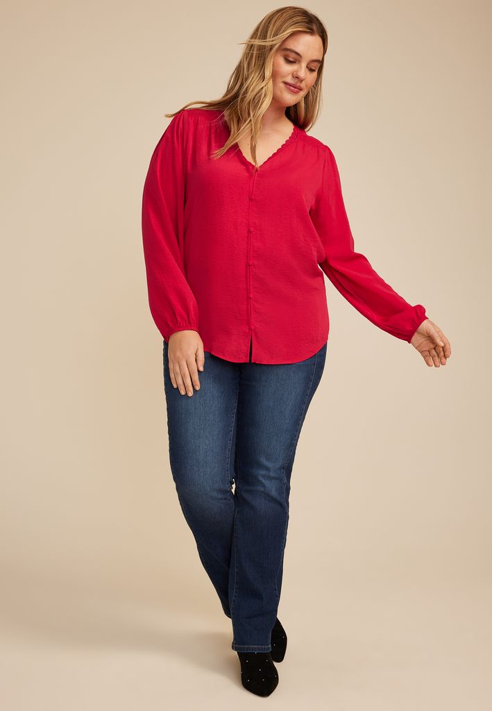 Plus Size V Neck Lace Button Front Blouse - Image 3
