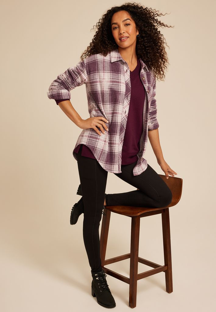 Plush Knit Plaid Boyfriend Button Down Shirt - Image 3