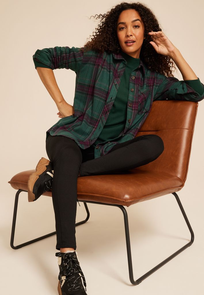 Plush Knit Plaid Boyfriend Button Down Shirt - Image 3