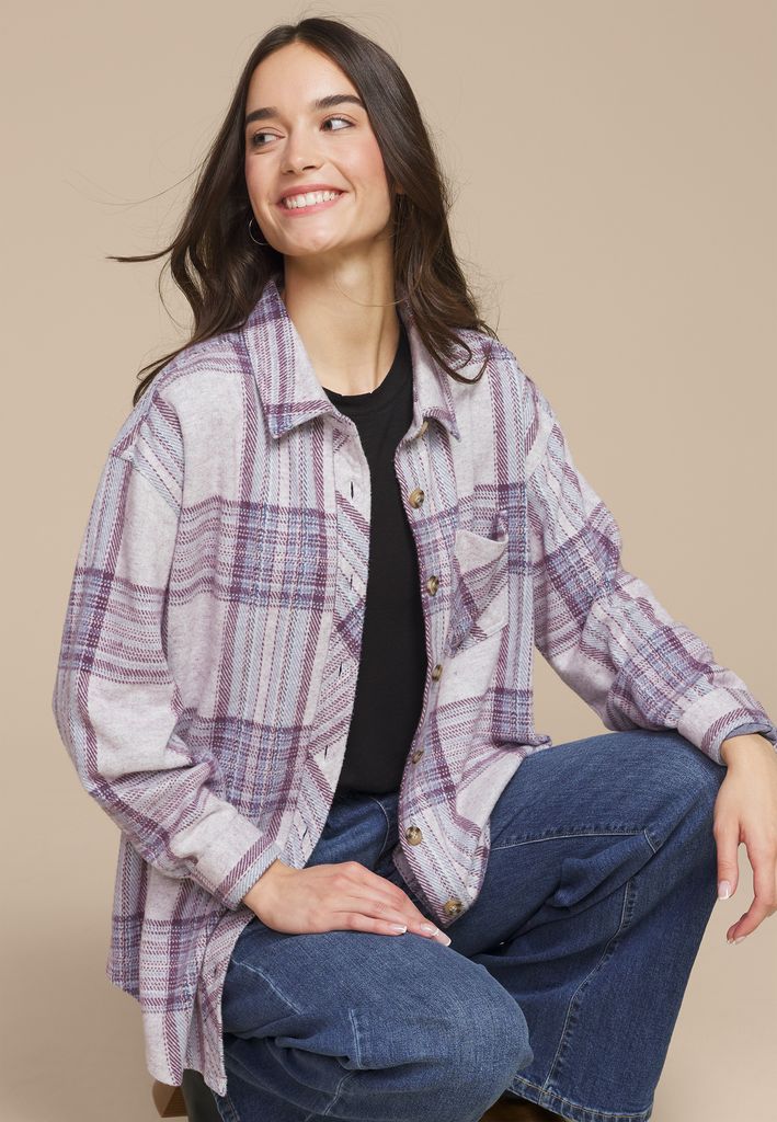 Plush Knit Purple Plaid Boyfriend Button Down Shirt - Image 3
