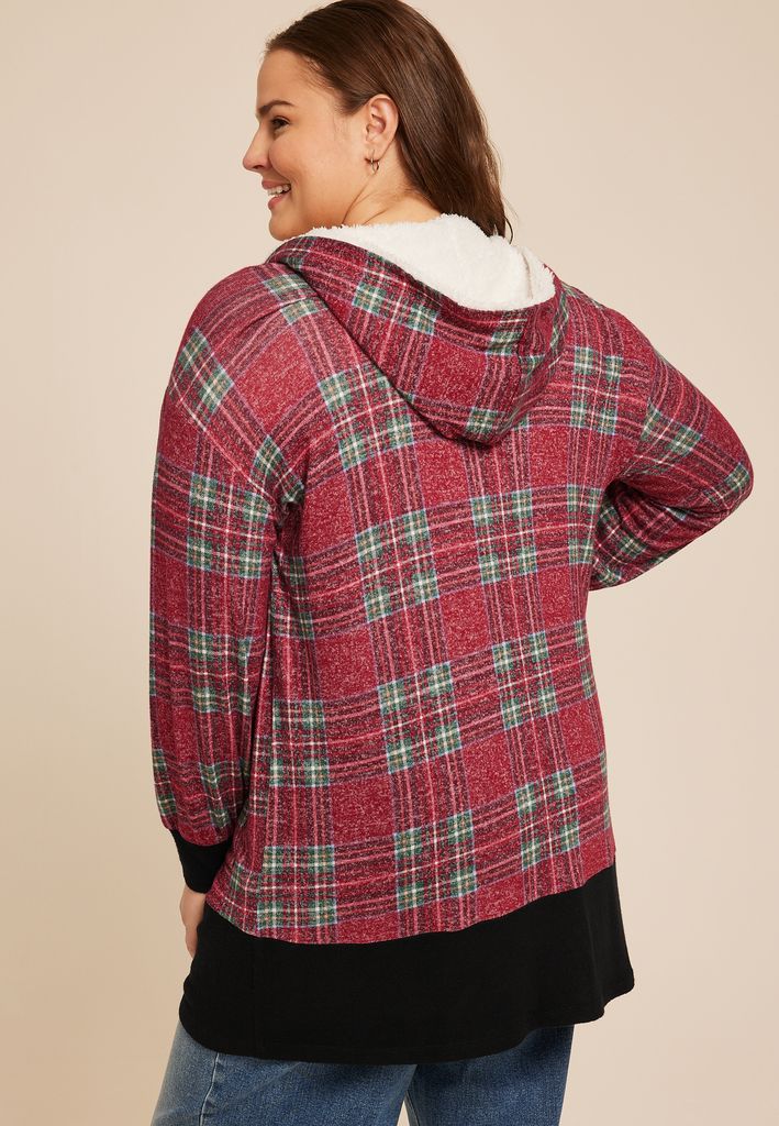 Plus Size Buffalo Plaid Sherpa Lined Hood Cardigan - Image 2