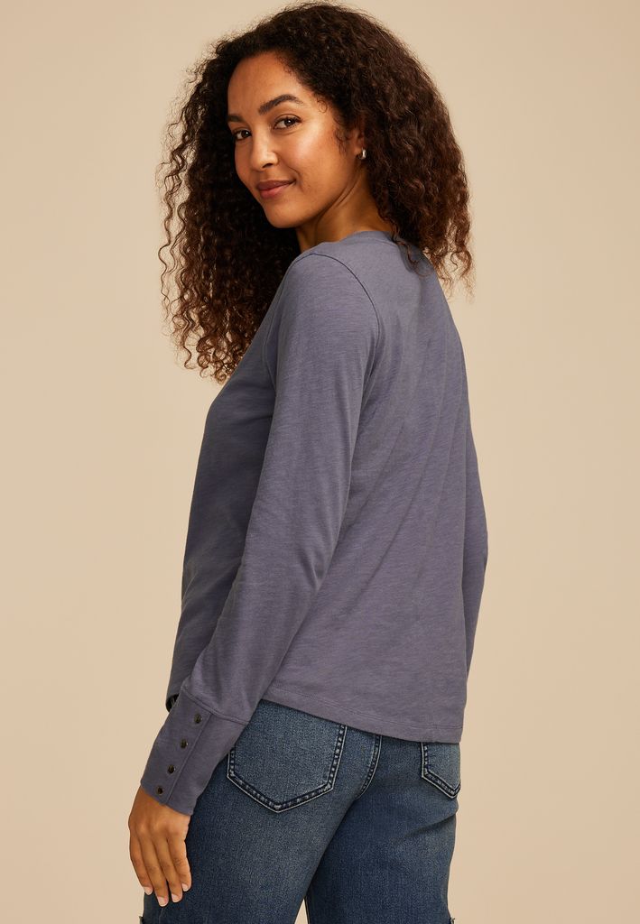 Solid Long Sleeve Snap Button Cuff Top - Image 2