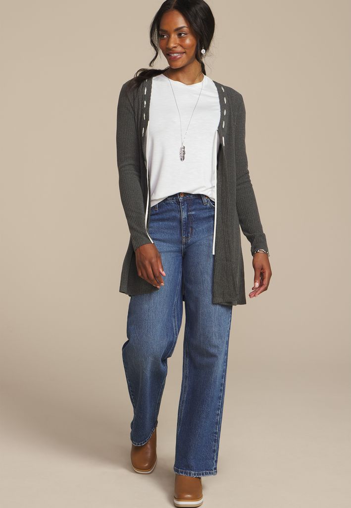 Ribbed Bow Front Tie Cardigan - Image 3