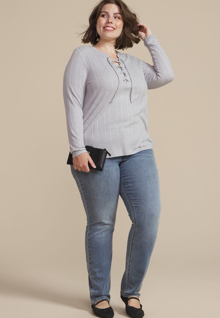 Plus Size Heathered Variegated Lace Up Top - Image 3