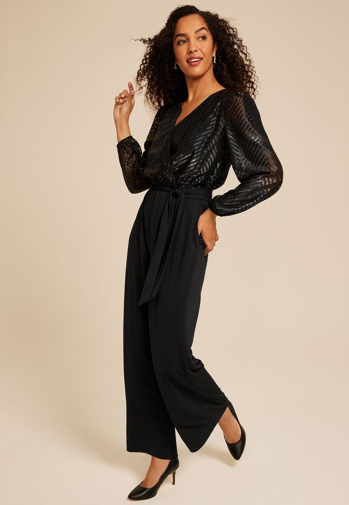 Black Chevron Metallic Wrap Jumpsuit - Image 3