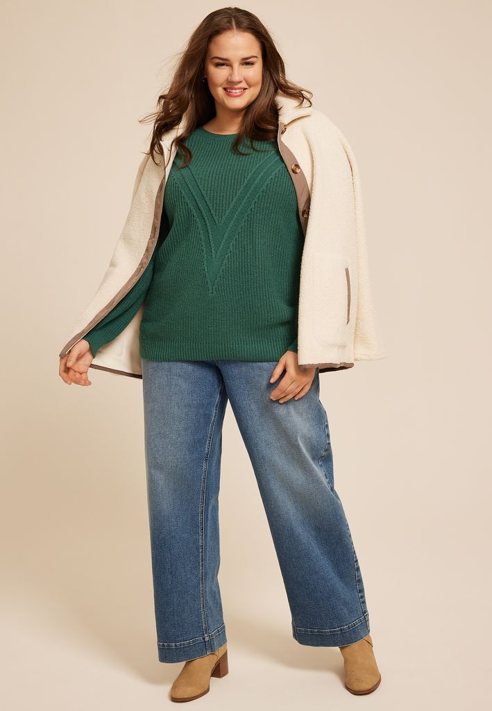 Plus Size Green V Stitch Crew Neck Sweater - Image 3