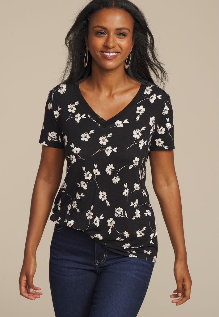24/7 Mesh Trim Floral V Neck Tee