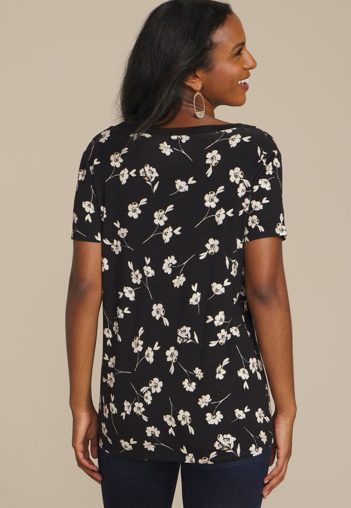 24/7 Mesh Trim Floral V Neck Tee - Image 2