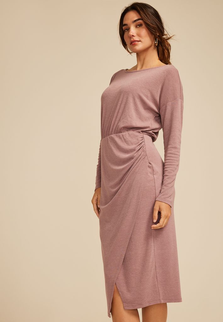 Mauve Boat Neck Faux Wrap Midi Dress - Image 3