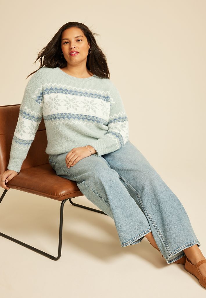 Plus Size Green Fair Isle Snowflake Sweater - Image 3