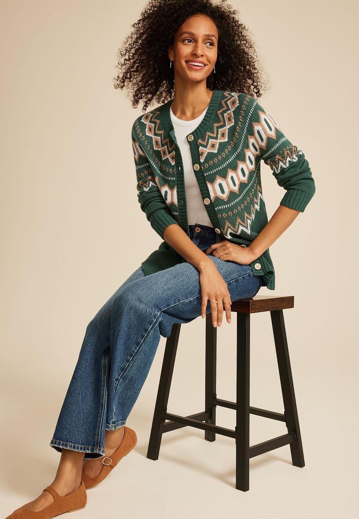 Green Fair Isle Button Front Cardigan - Image 3