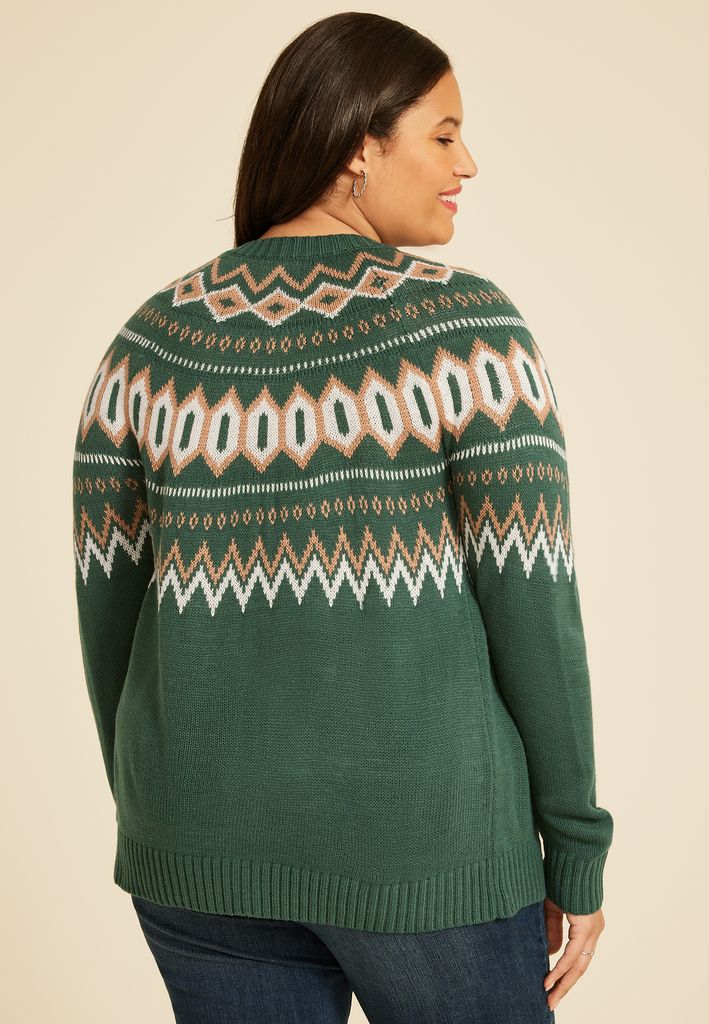 Plus Size Green Fair Isle Button Front Cardigan - Image 2