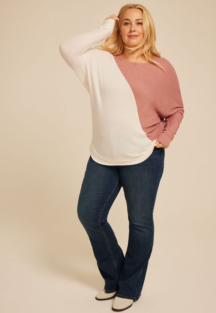 Plus Size 24/7 Dakota Diagonal Seam Colorblock Long Sleeve Tee - Image 3