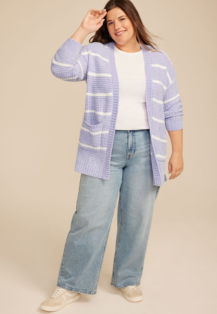 Plus Size Chenille Stripe 90s Slouch Cardigan - Image 3