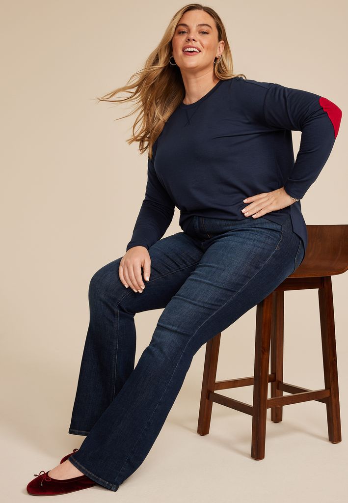 Plus Size Heart Elbow Patch Long Sleeve Tee - Image 3