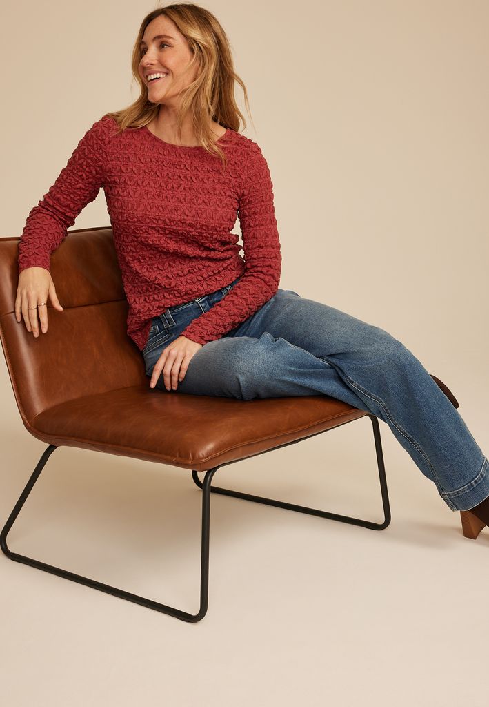 Textured Boat Neck Long Sleeve Tee - Image 3