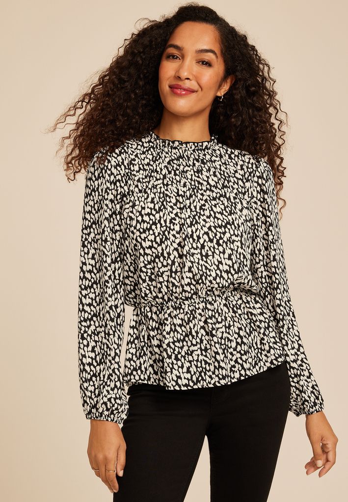 Abstract Peplum Smocked Waist Blouse