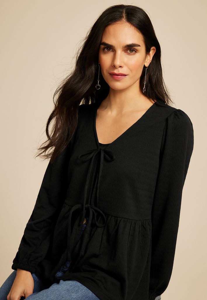 Textured Bow Tie V Neck Top - Image 3
