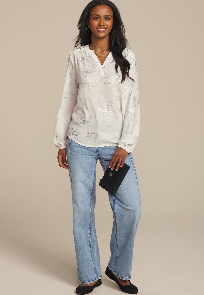 Metallic Abstract V Neck Blouse - Image 3