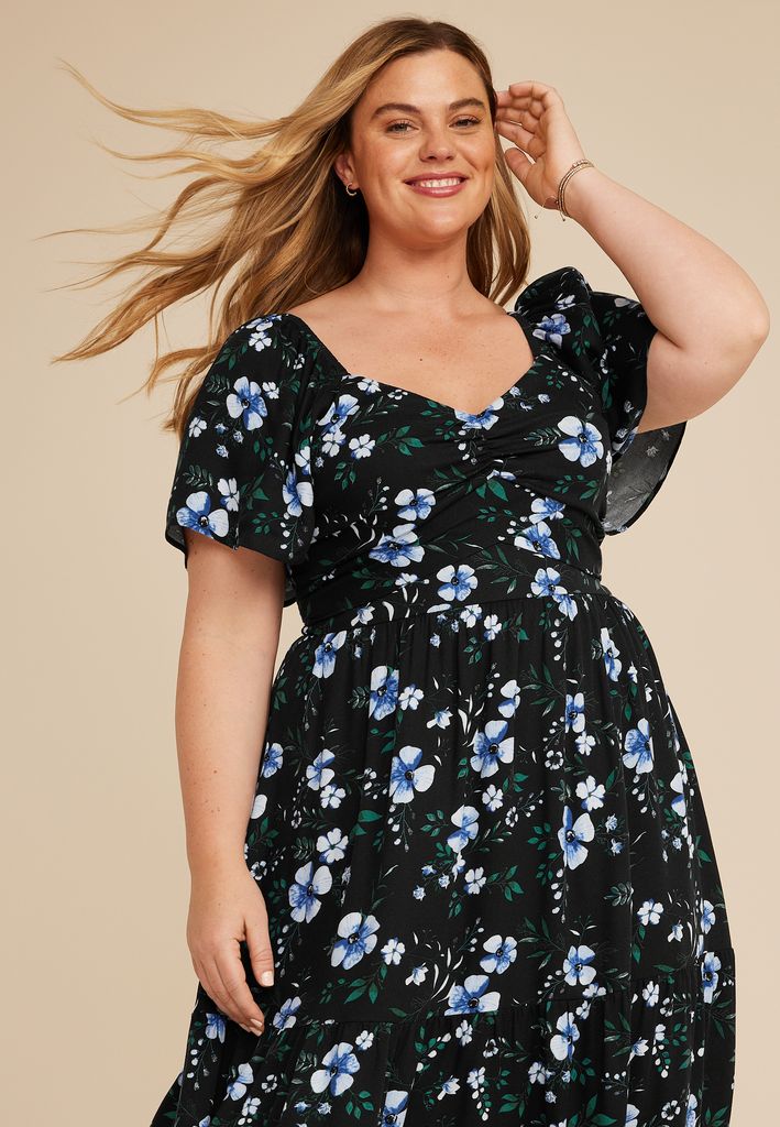 Plus Size Floral Short Sleeve Tiered Midi Dress - Image 3