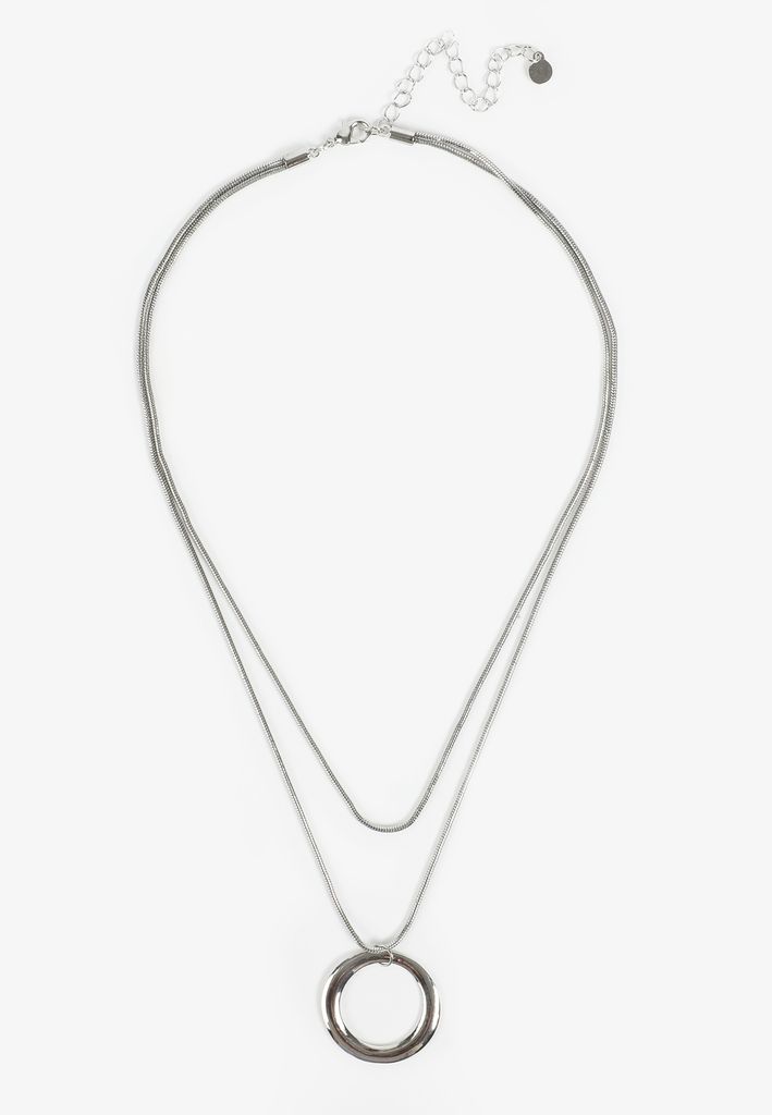 Silver Open Circle Pendant Layered Necklace - Image 2