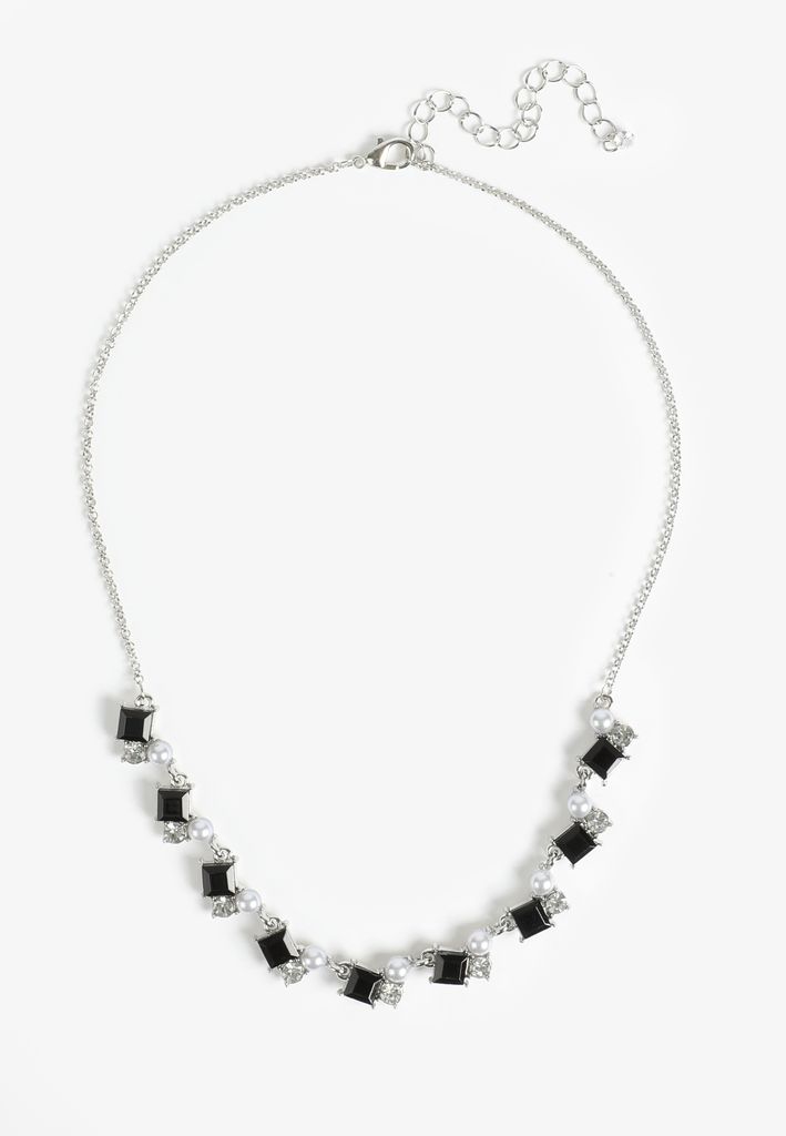 Silver Black Gem and Pearl Necklace - Image 2