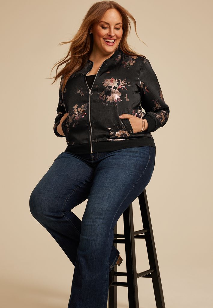 Plus Size Studio Y Metallic Floral Bomber Jacket - Image 3