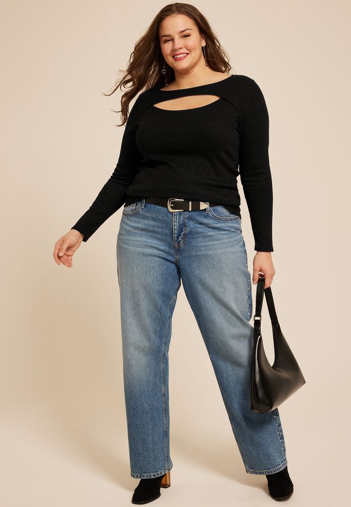 Plus Size Studio Y Shimmer Ribbed Cutout Knit Top - Image 3